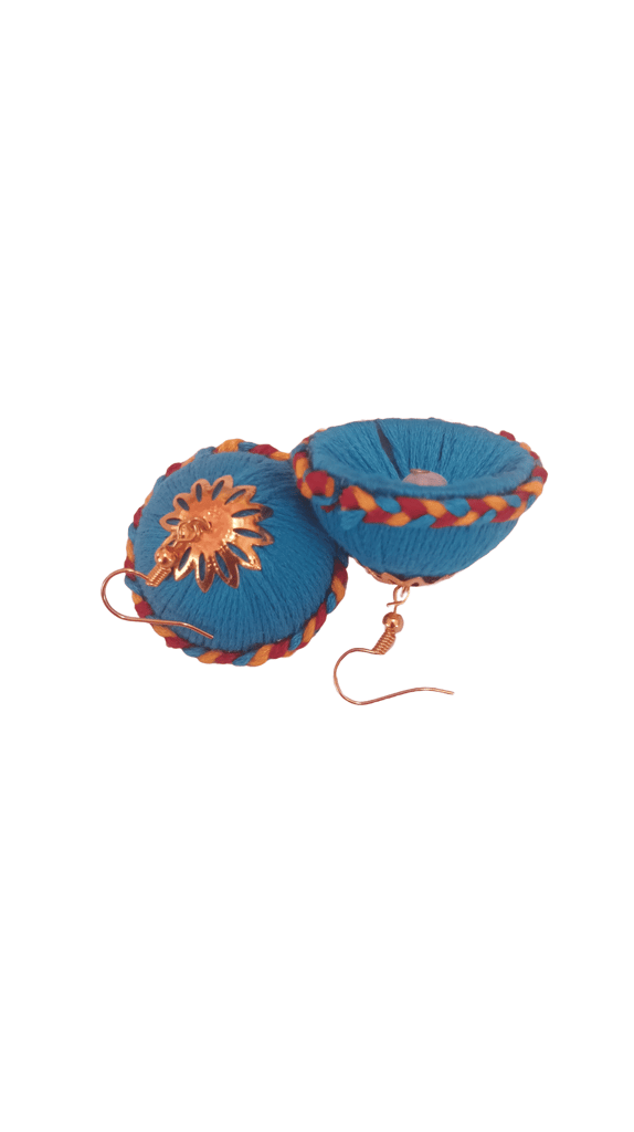 Blue Fabric Flower Earrings with Pearl Center view 2