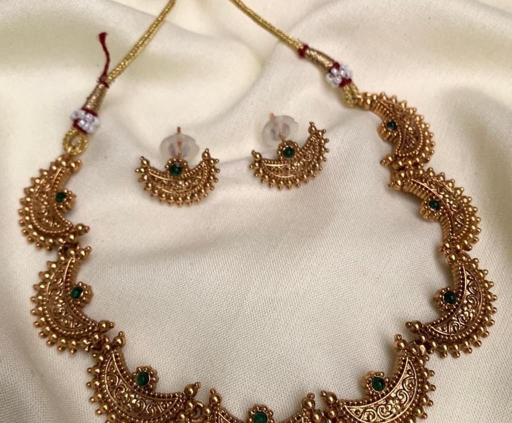 Gold-Toned Crescent Necklace & Earring Set with Green Accents view 2