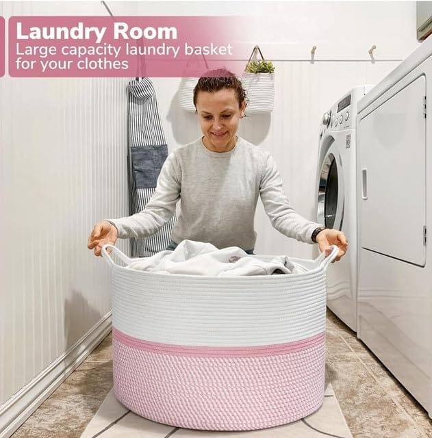 Generic Cotton Dori 16x14 Inch Storage Basket For Clothes With Out Lid (White-Pink-White)-PID66468 view 2