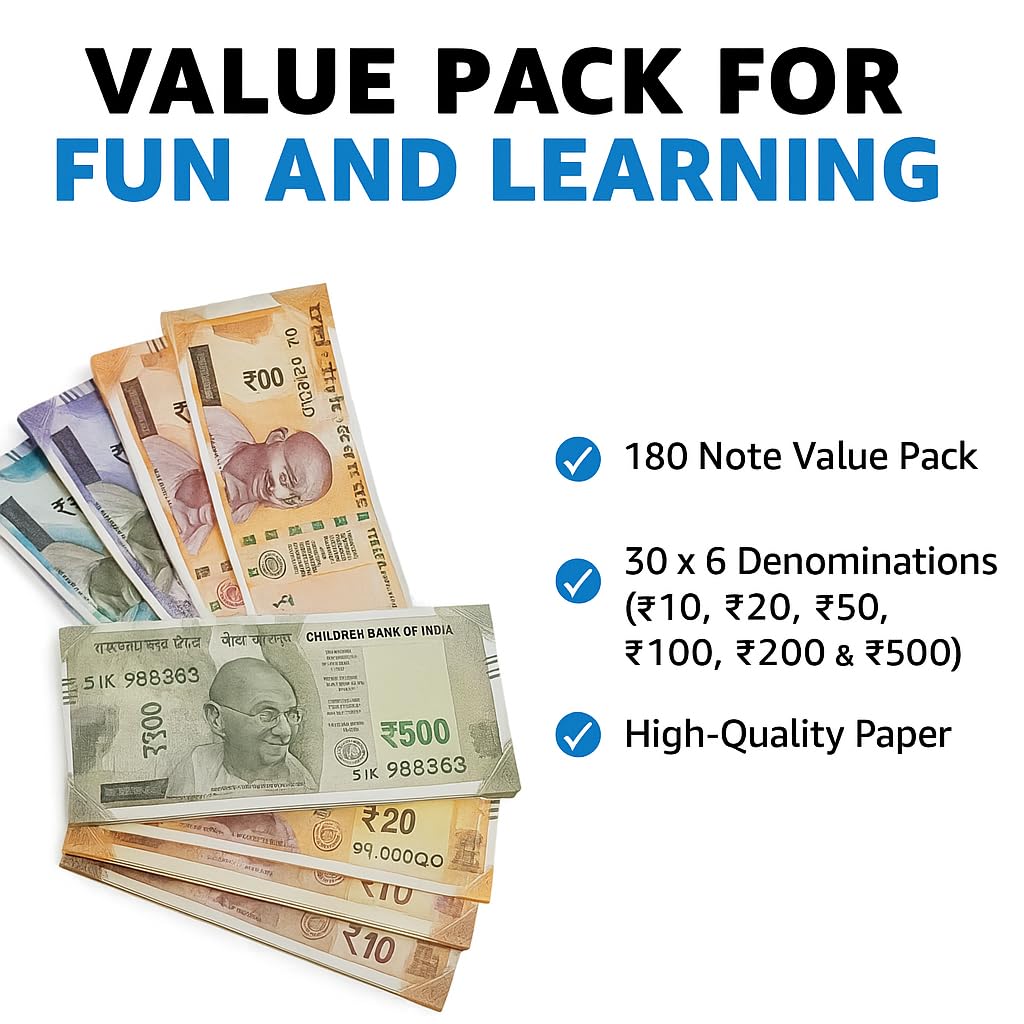 Children Play Money Notes � 180 Pieces (6 Denominations � 30 Each) � ?500/?200/?100/?50/?20/?10 � Dummy Indian Rupee Currency Toy Notes for Kids Learning, Pretend Play, Counting & School Activities view 2