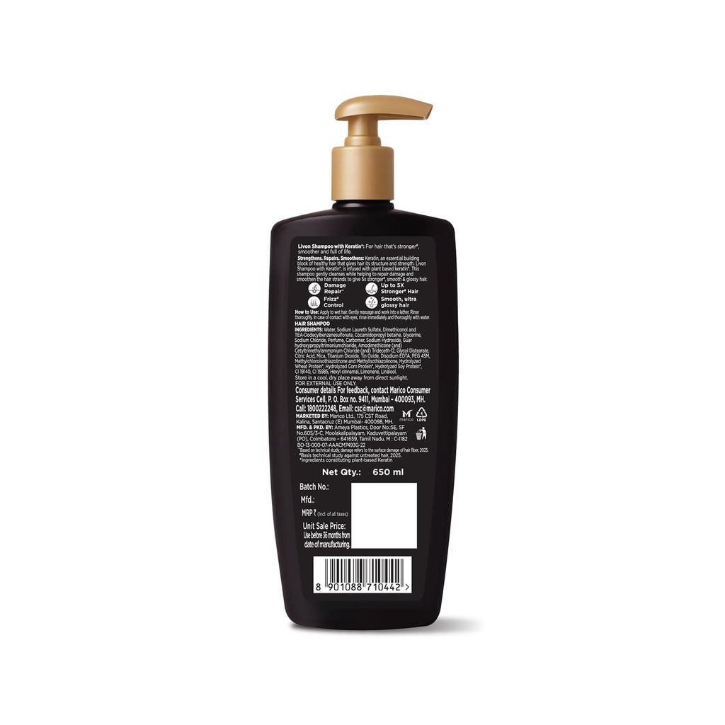 Livon Keratin Shampoo for Women & Men | Repairs Damaged Hair | Smooth & 5x Stronger Hair | No Parabens | 650ml view 2