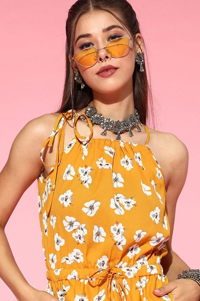Mustard Polyester Sleeveless Floral Print Jumpsuit VJMP1012 view 2