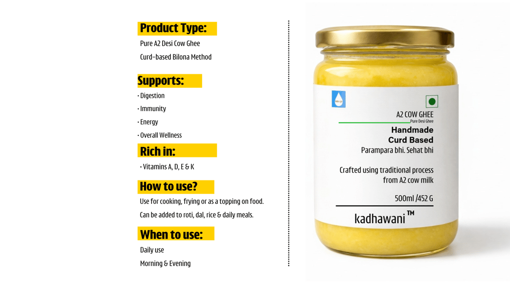 kadhawani Desi A2 Cow Ghee Traditional Bilona Method | Curd based,danedar Ghee | Grass-fed, Pure and Healthy |NABL Lab tested |Cruelty-Free(Glass Jar ) view 2