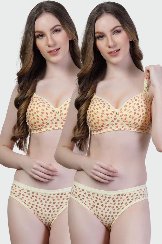 adornstar Women Cotton Lingerie Set with Stars Print Design | Non Wired and Non Padded Bra with Full Coverage Hipster Panty Set | Stylish and Soft Stretchable Fabric (Pack of 2) view 2