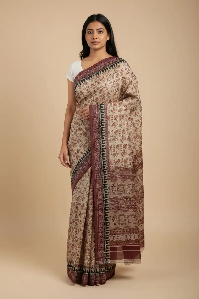 Sonepuri Cotton Saree Ivory Maroon Chariot Buti