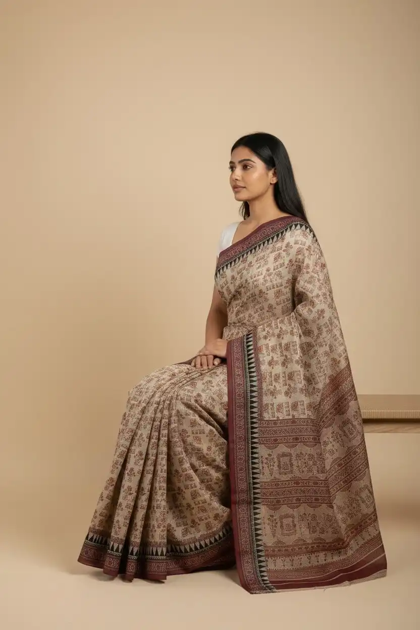 Sonepuri Cotton Saree Ivory Maroon Chariot Buti view 2