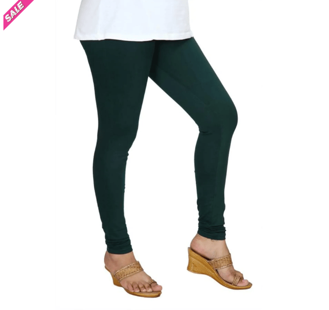 Women's Dark Green Solid Cotton Lycra Churidar Leggings view 2