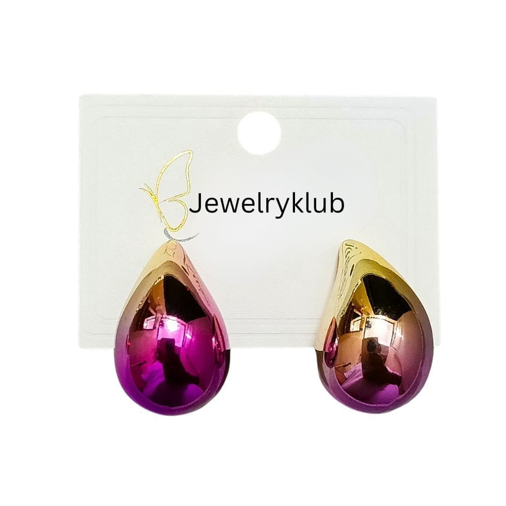 Dual Metallic Colored Chunky Tear Drop Fashion Jewelry Earrings For Women & Girls - Dark Pink Gold view 2