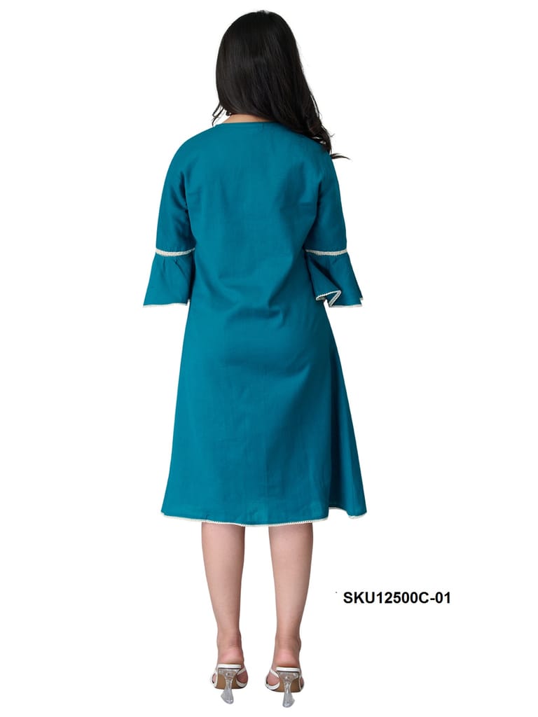 Teal Cotton V-Neck Pleated Bell Sleeve Midi Dress view 2