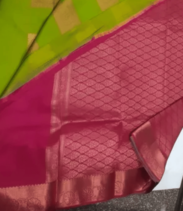 Woven, Solid/Plain Pure Silk Saree parrot green color saree with perfect pink color and blouse view 2