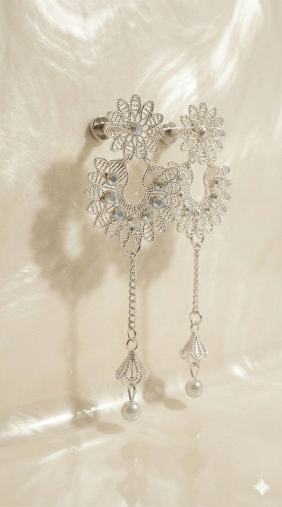 Exquisite Silver-Plated Filigree Floral Long Dangle Earrings with Pearl Drops view 2