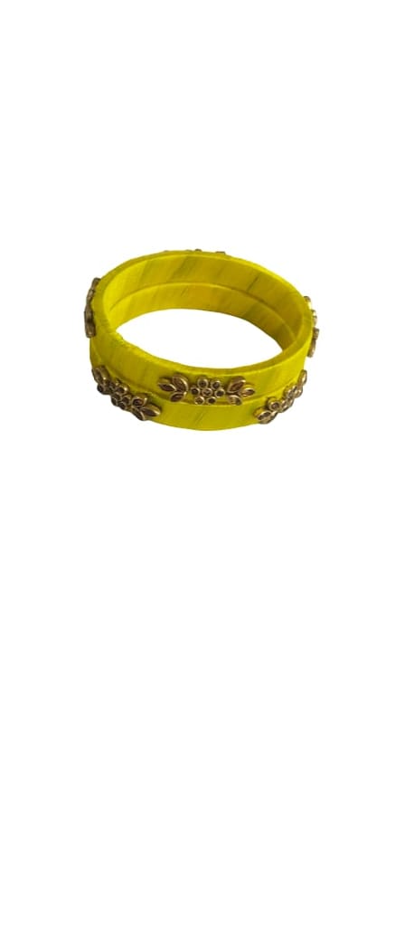 Vibrant Yellow Silk Thread Bangle Set with Floral Embellishments view 2