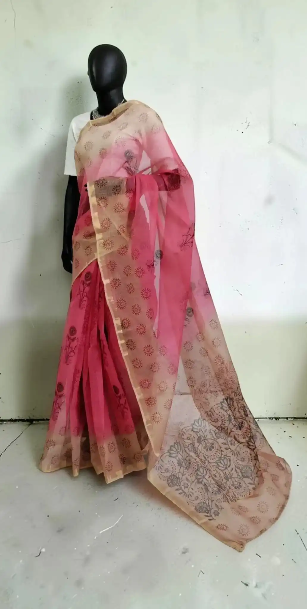Kota Doria Block-Printed Saree in Rani Pink with Yellow Woven Border view 2