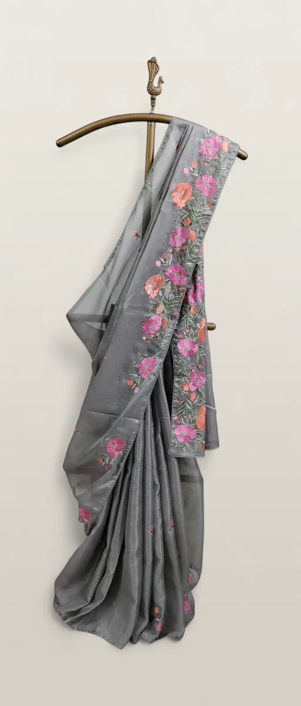 Steel Gray Kota Doria Cotton-Silk Saree with Block-Printed Floral Border view 2