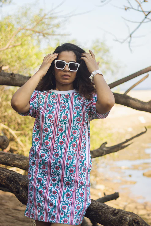 Block Printed T-shirt Dress - Floral Borders view 2