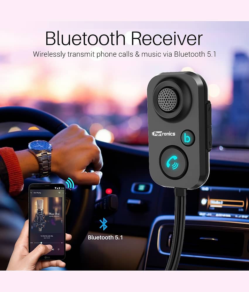 Portronics AUTO 12 in-Car Bluetooth Receiver for Handsfree Calling, Music System, Supports All Smartphones (Black) view 2