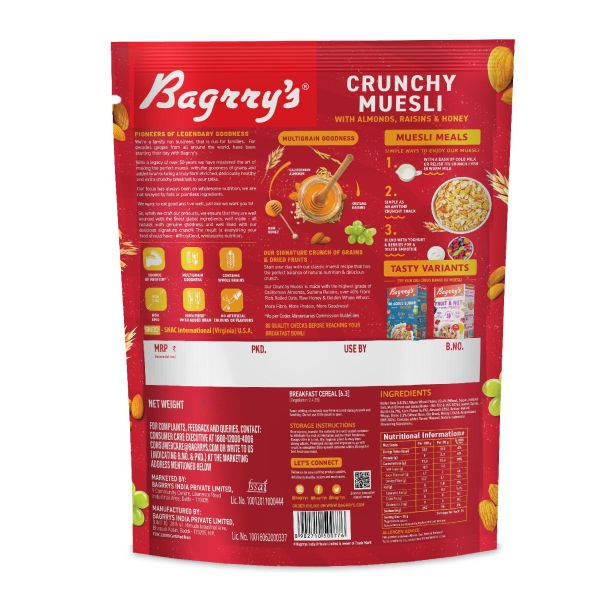 Bagrry's Crunchy Oat Clusters with Almonds Raisins and Honey Muesli 750 Gms view 2