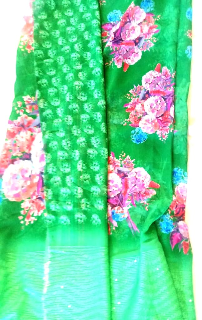 Green Floral Saree with Sequins view 2