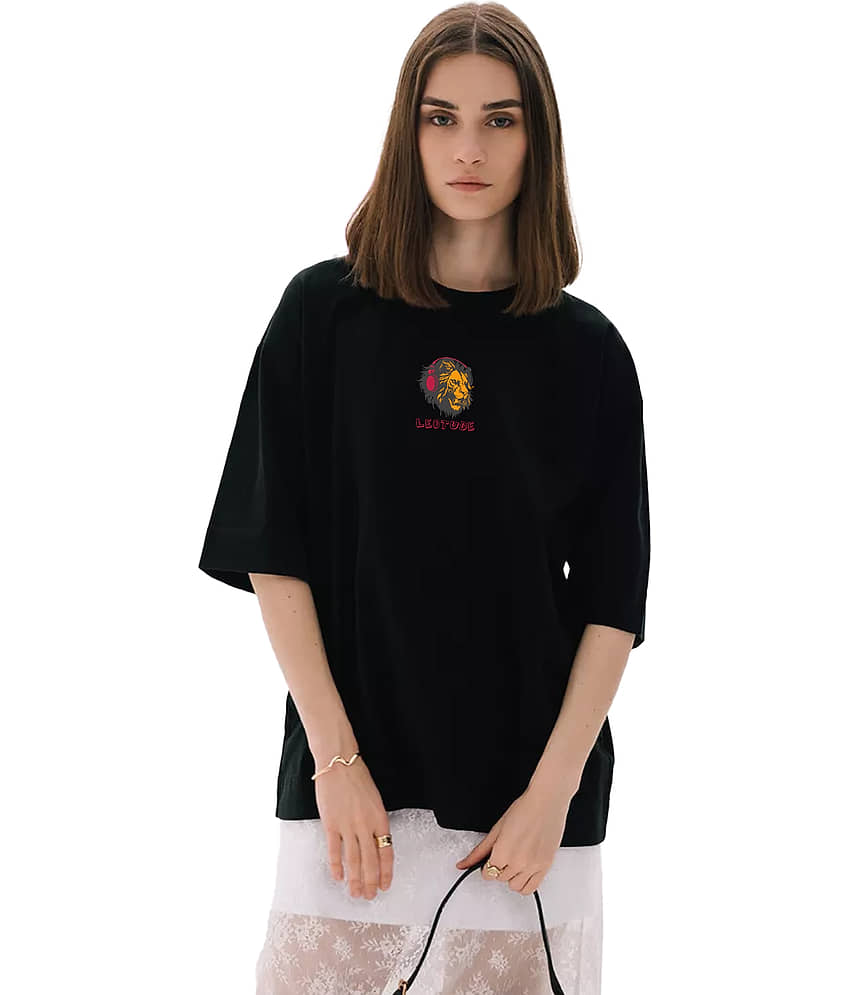 Leotude Women Cotton Blend Printed Oversized Round Neck T-Shirt ( Black ) view 2