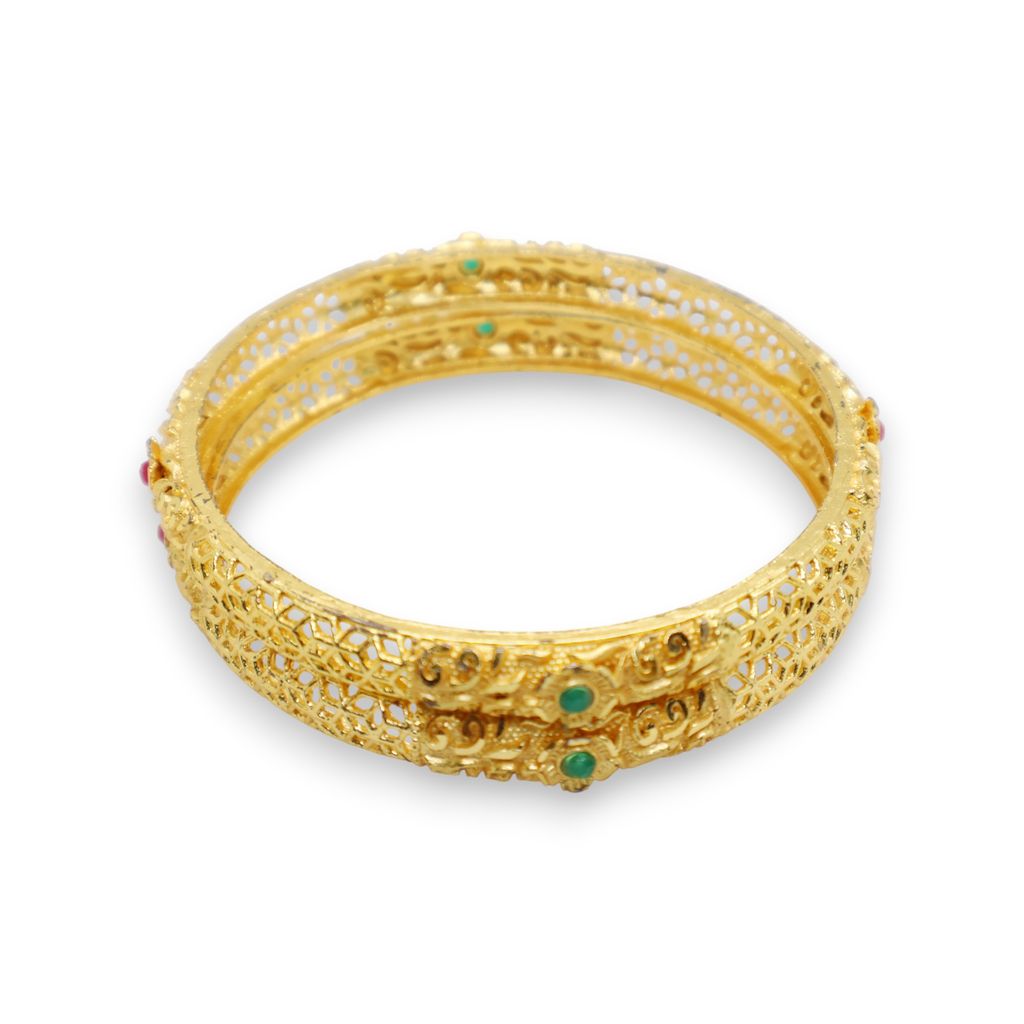 Gold Plated Antique Design Bangle with Green Stone Detailing – Traditional Ethnic Jewelry view 2