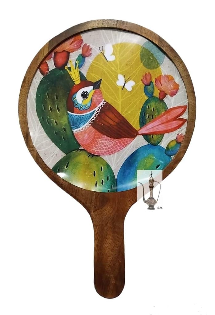 Sara Home Mango Wood Serving Pizza Platter/Chipdip/Dosa/Chees/Snacks Tray Printed Enamel Serving Platter with Handle Appetizer Plate Serving Platter view 2