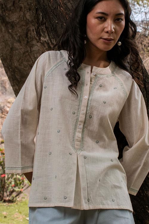 Avani Chikankari Off white Pure Cotton 3Q Sleeve Top view 2