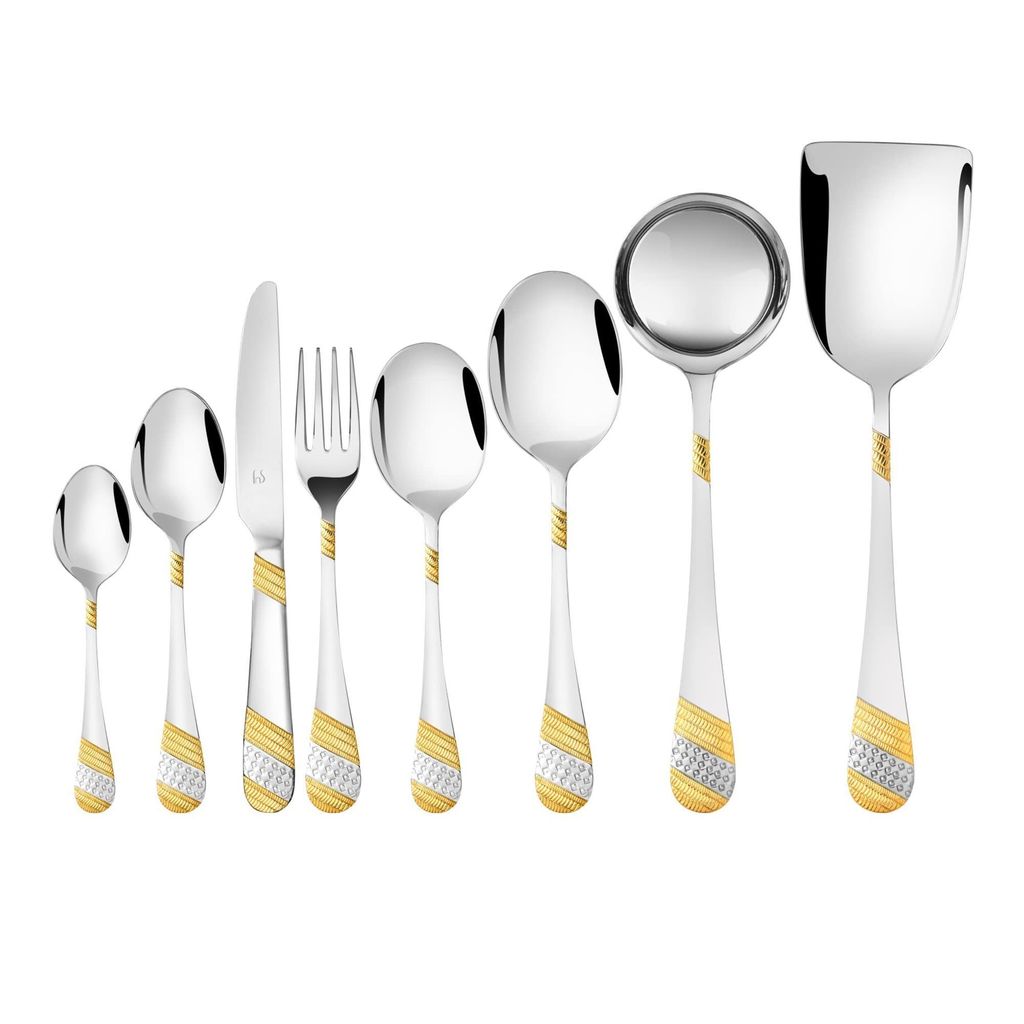 Fns Imperio 24 Karat Gold Plated Cutlery Set with Leatherette Box Packaging- 6 Dinner Spoons, 6 Dinner Forks, 6 Dinner Knives, 6 Teaspoons, 6 Baby Spoons, 4 Servings Spoons (34 Pcs) view 2