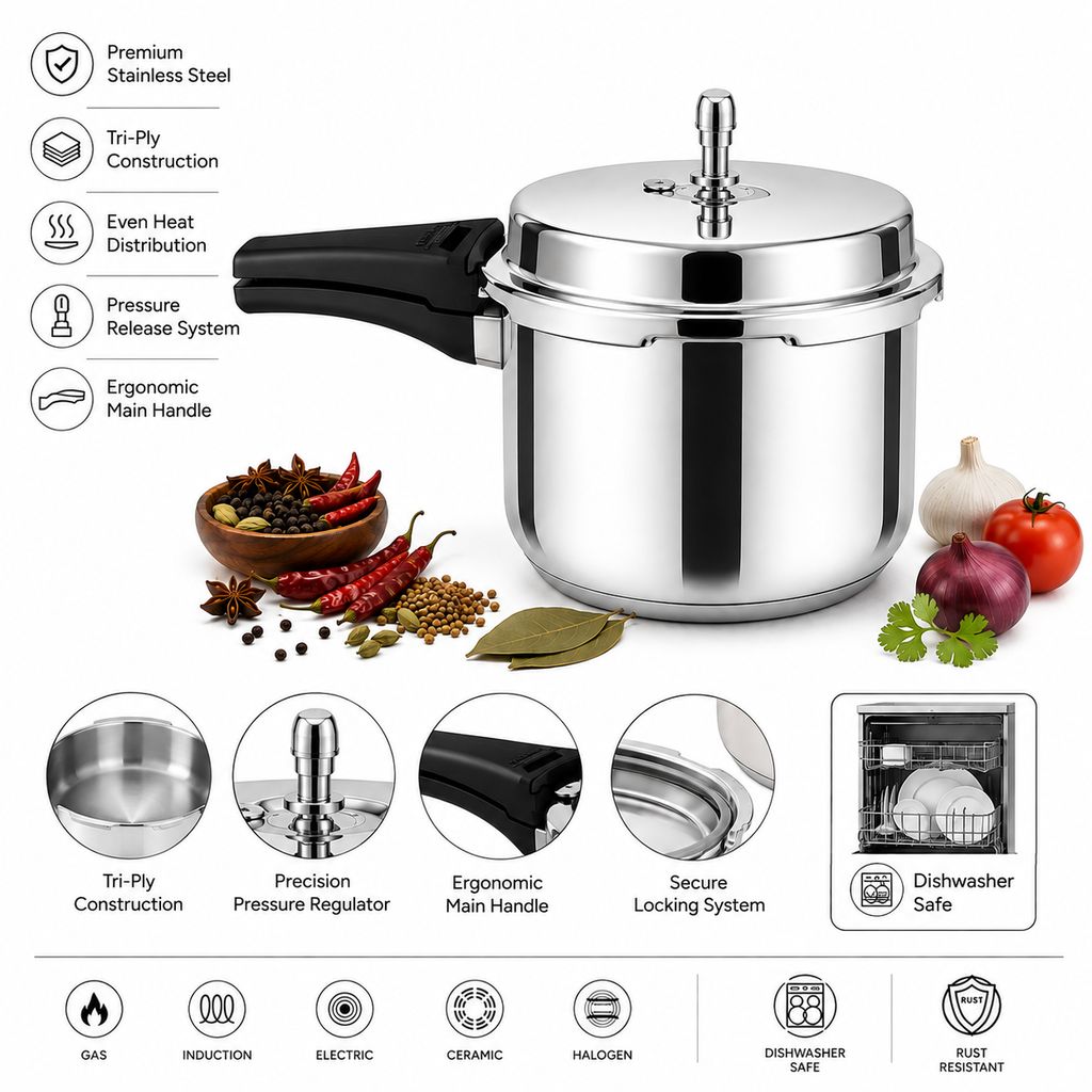 Tri-Ply Stainless Steel Pressure Cooker | 3 Litre | Gas & Induction Compatible view 2