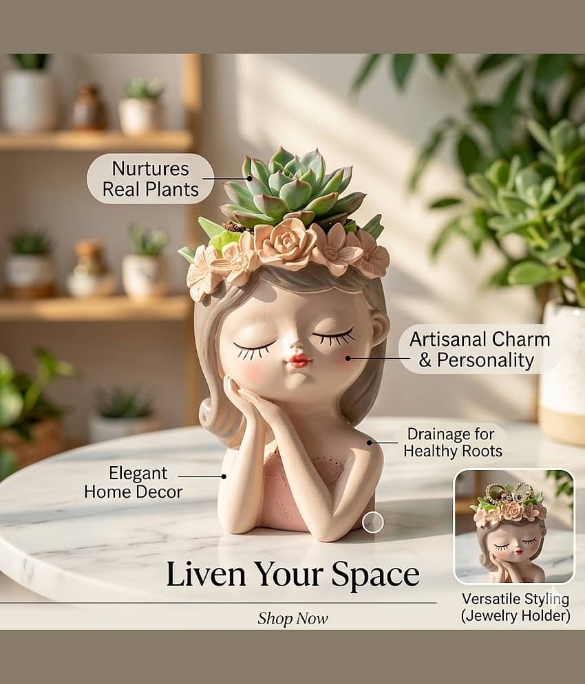 PICKARTME Sleeping Girl Head Face Chick Plant Pots, Elegant Women Bust Flower Vases, Succulent Cactus Planter Pots Indoor Living Room Home Office Desktop Decor view 2