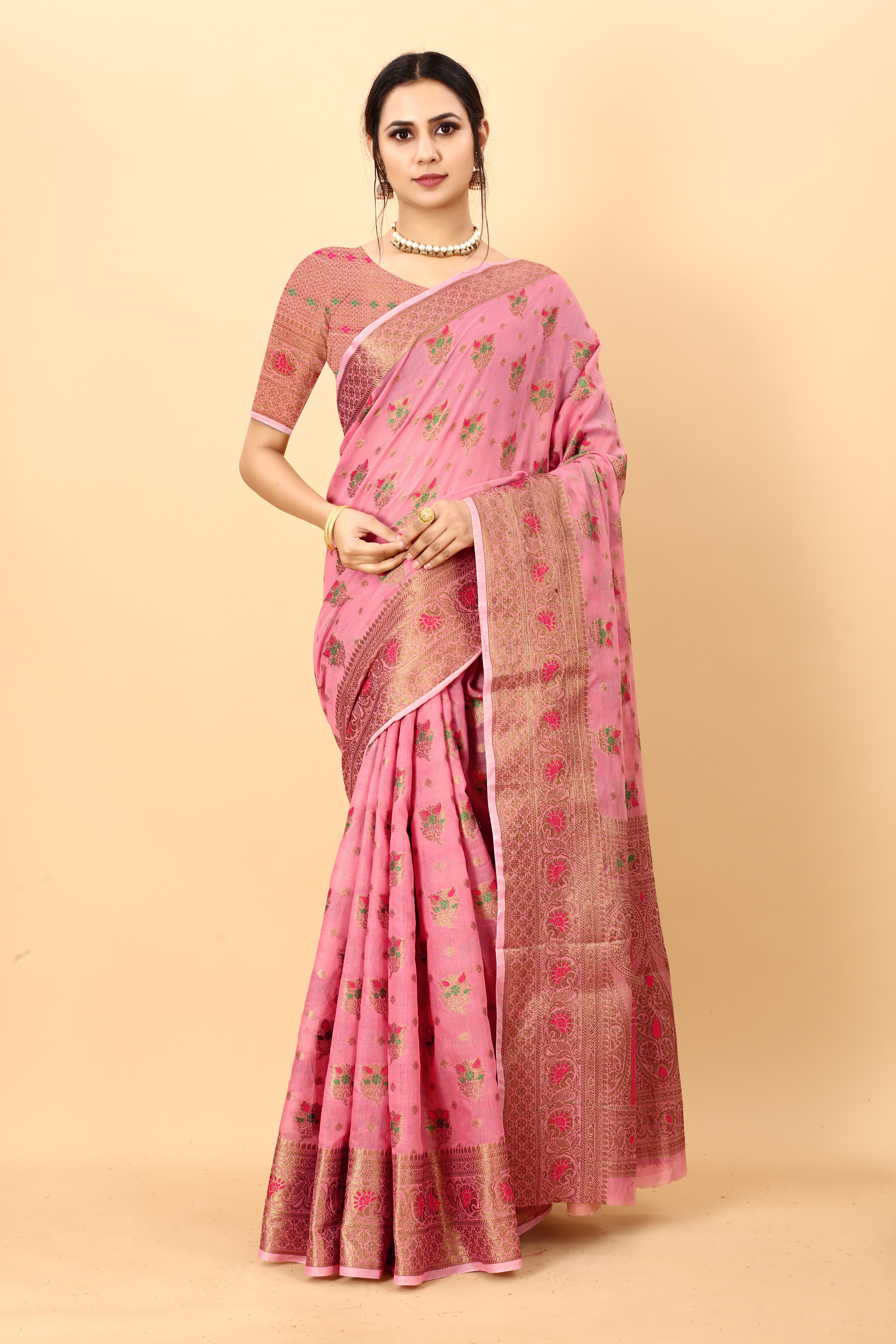 Yavira silk Women's Pink Handwoven Chanderi Saree