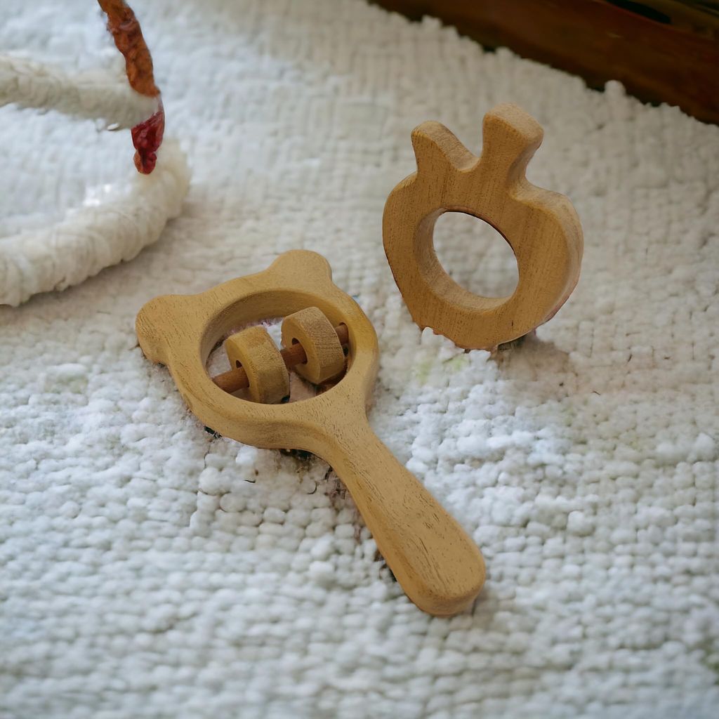 neemtoys Neem Wooden Teether & Rattle for Babies of Age 0 to 3 Years| Apple & Mickey Head Shapes view 2