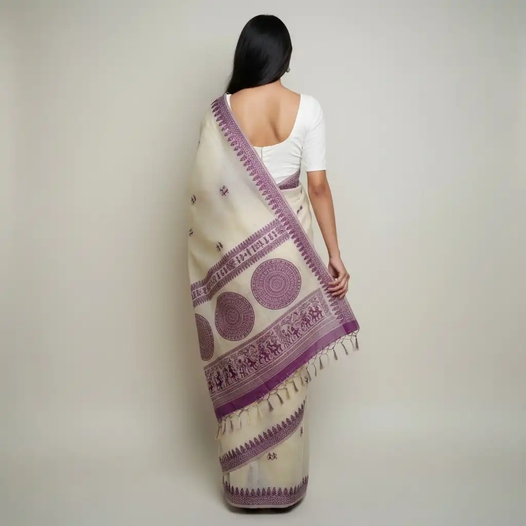 Sambalpuri Baandha Cotton Saree in Beige with Purple Ikat Border view 2