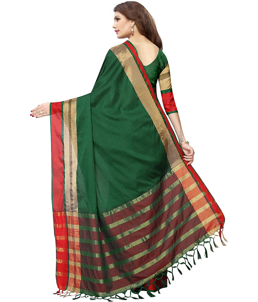NIGHT BLUE Cotton Blend Solid Saree With Unstitched Blouse Piece ( Green ) view 2