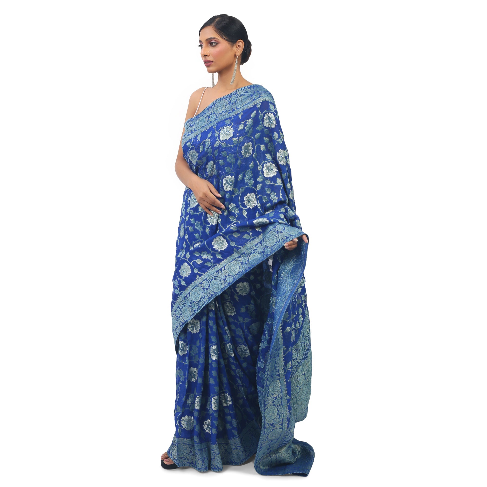 TheHangr Soft Georgette Designer Royal Blue Saree With Golden Work view 2