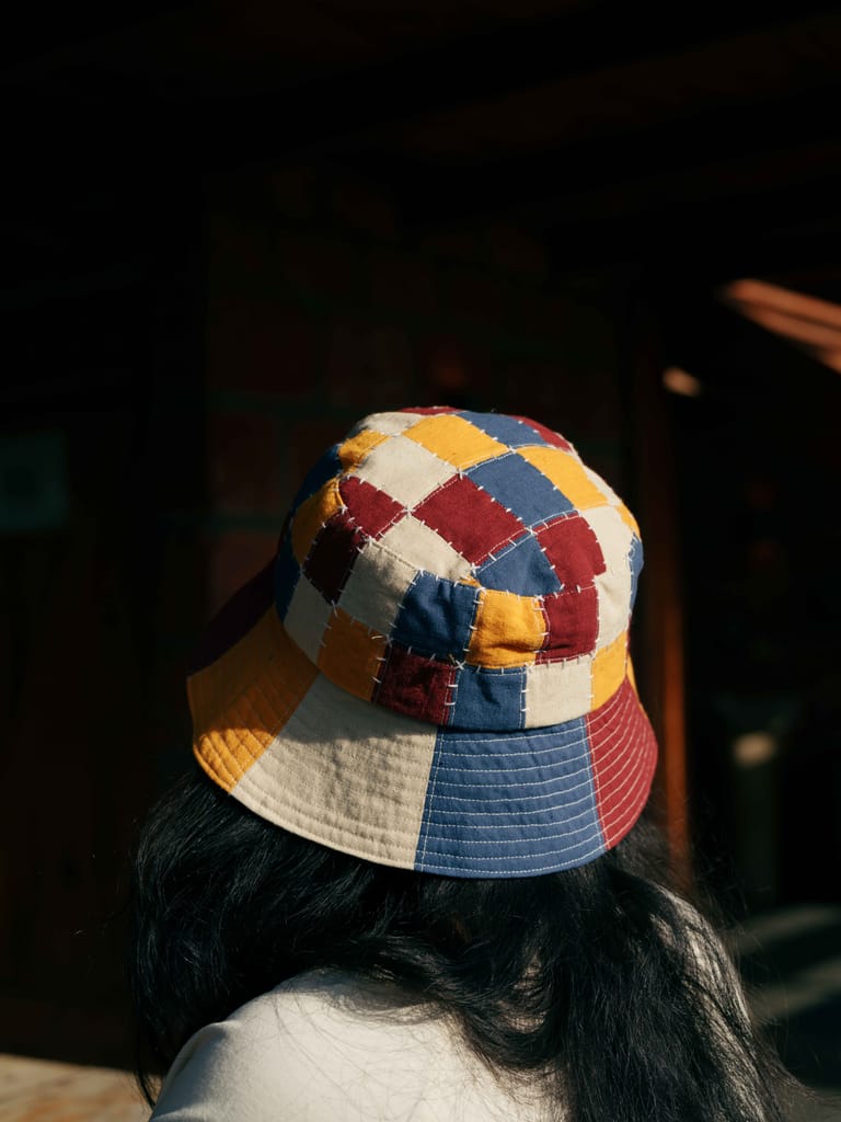 Patchwork Bucket Hat with Exposed Stitching