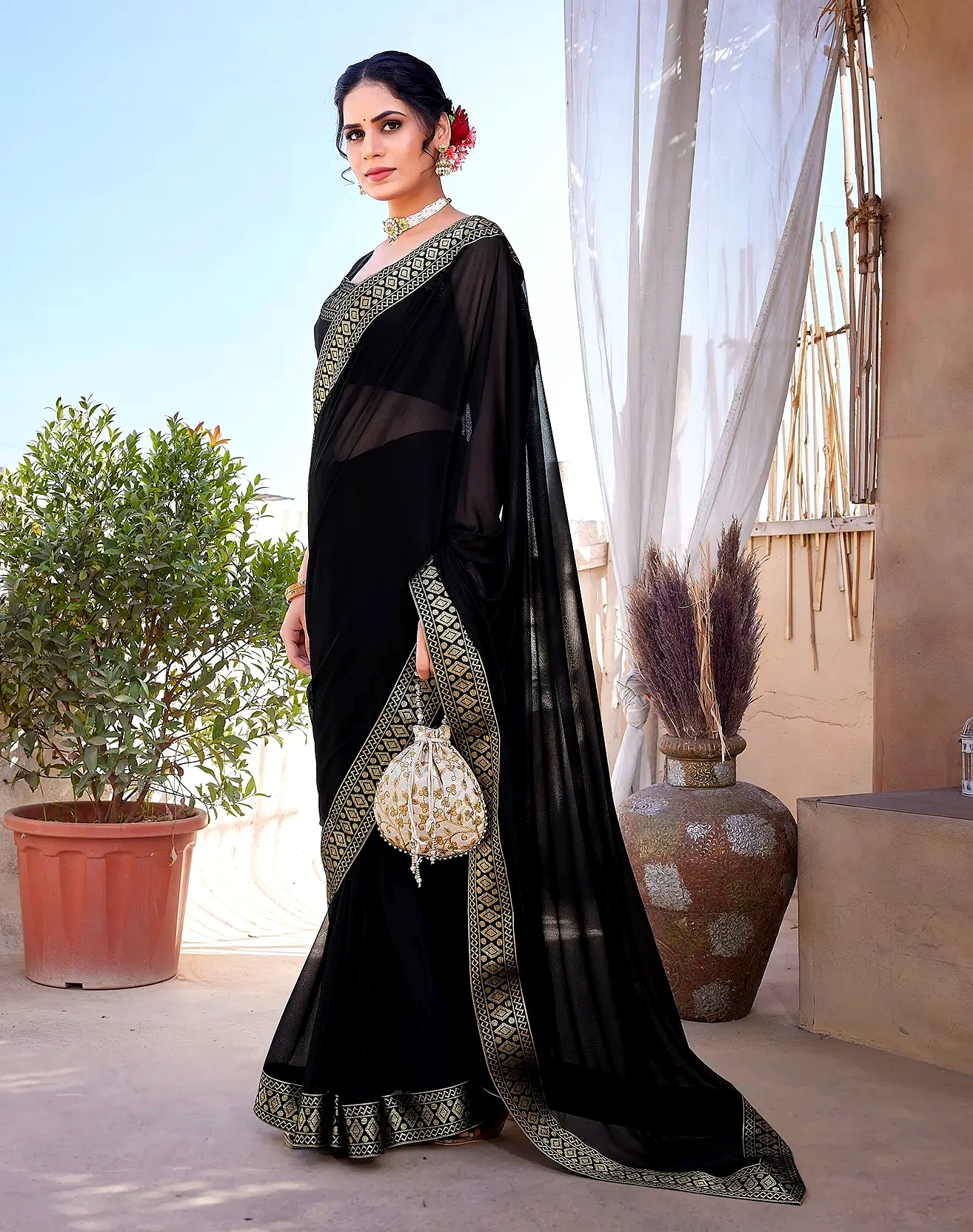 Lycra Saree with Lace Border (Color - Black) by SHIV TEXTILES view 2
