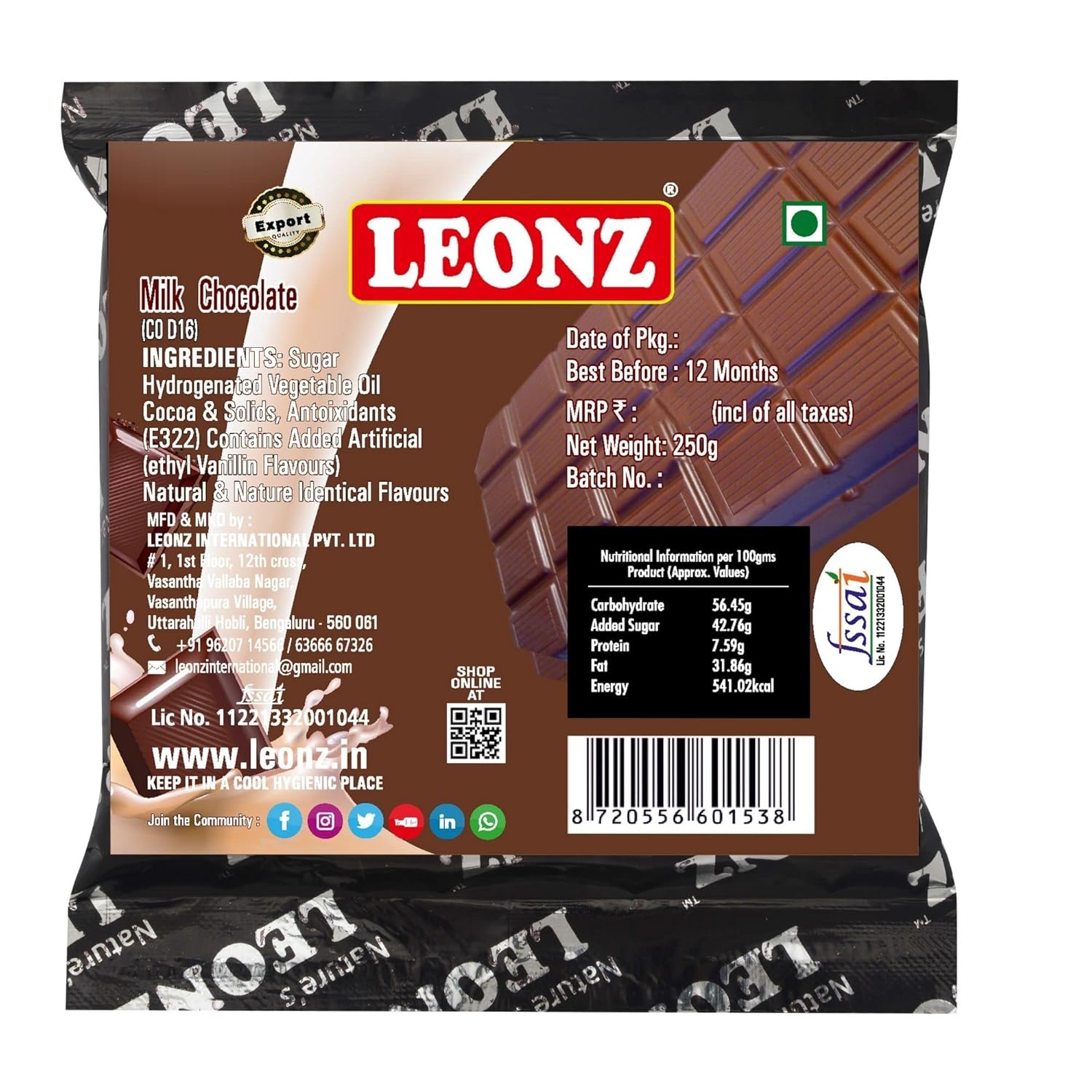 Leonz Milk Chocolate Bar, 250 Gm view 2