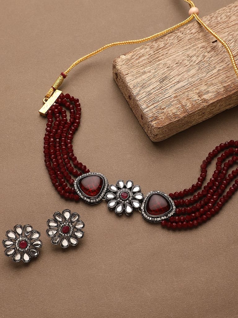 Cardinal Kundan Maroon Onyx Multistring Choker Necklace Set view 2