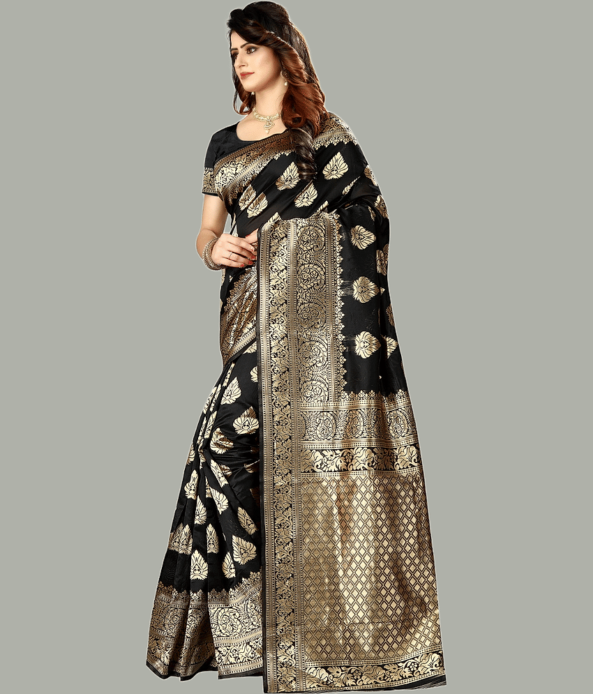 GARIYA Banarasi Silk Embellished Saree With Unstitched Blouse Piece ( Black )