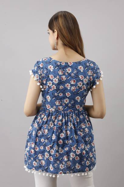 Casual Sleeveless Printed Women Blue Top view 2