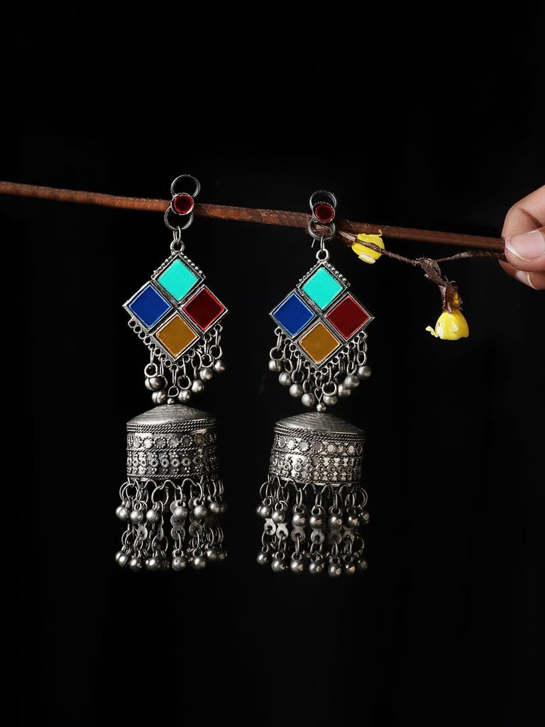 Cardinal Oxidized Silver Color Multicolor Stone Jhumka Earrings view 2