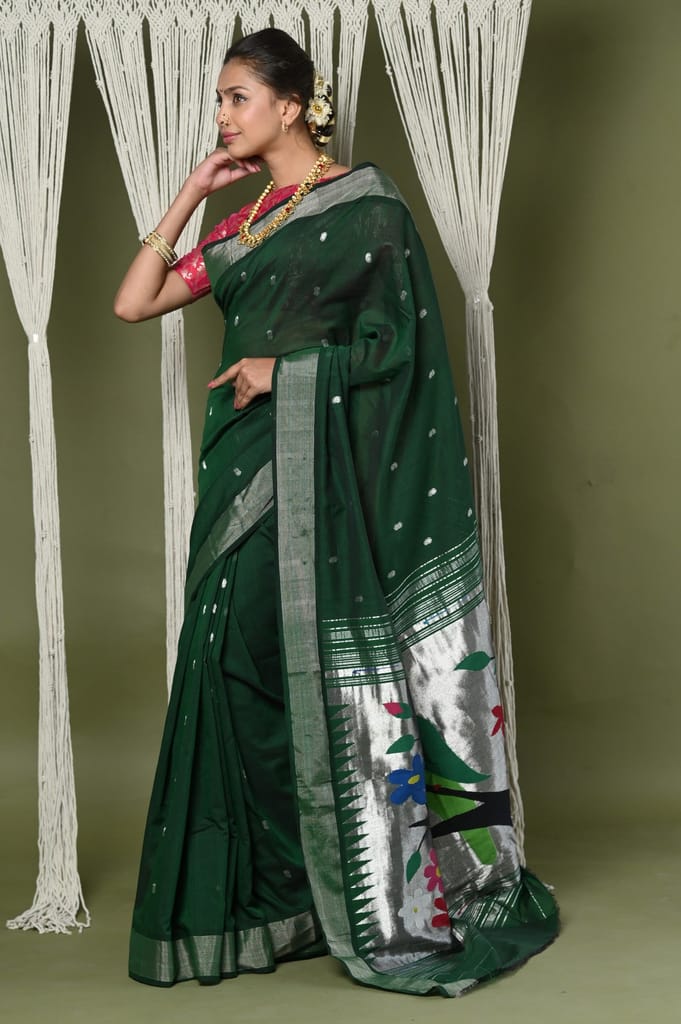 EXCLUSIVE! Silver Zari Handloom Pure Cotton Paithani With Parrot Pallu~ Forest Green view 2