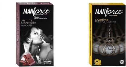 MANFORCE Chocolate flavor condom - 10 Pieces & Overtime Pineapple 3in1 (Ribbed Contour Dotted) Condoms - 10 Pieces Condom (Set of 2 20 Sheets)