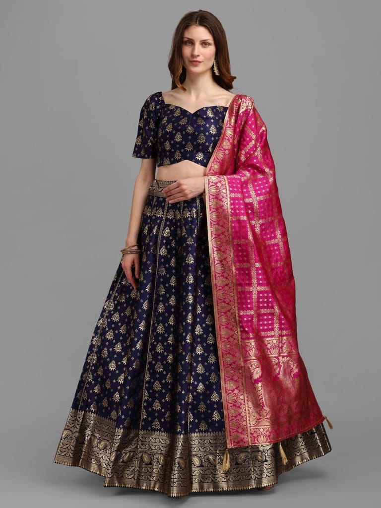 Blue Brocade Fabric Lehenga & Unstitched Blouse With Dupatta view 2