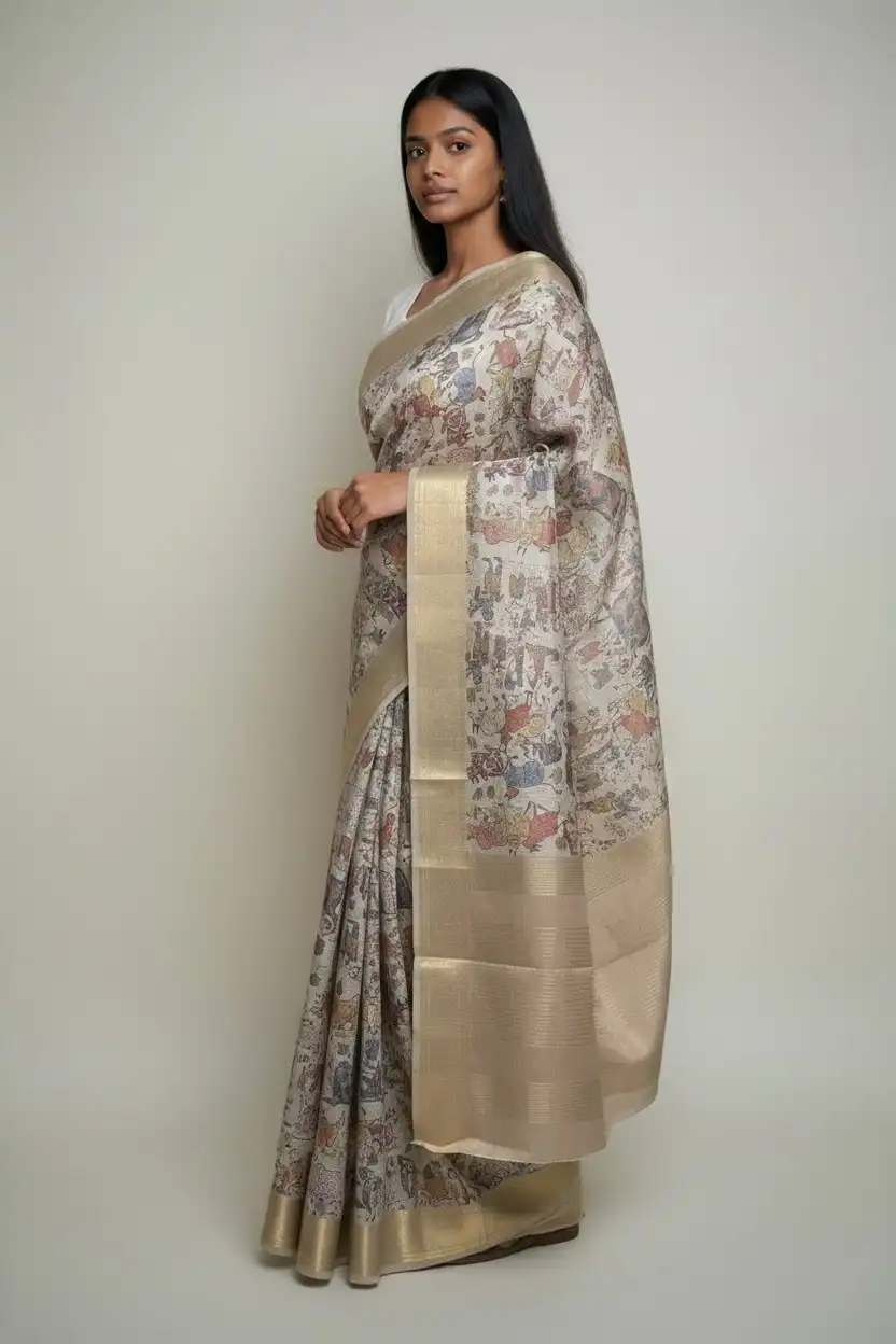 Pattachitra Tussar Silk Saree Folk Figures Gold Zari Border view 2