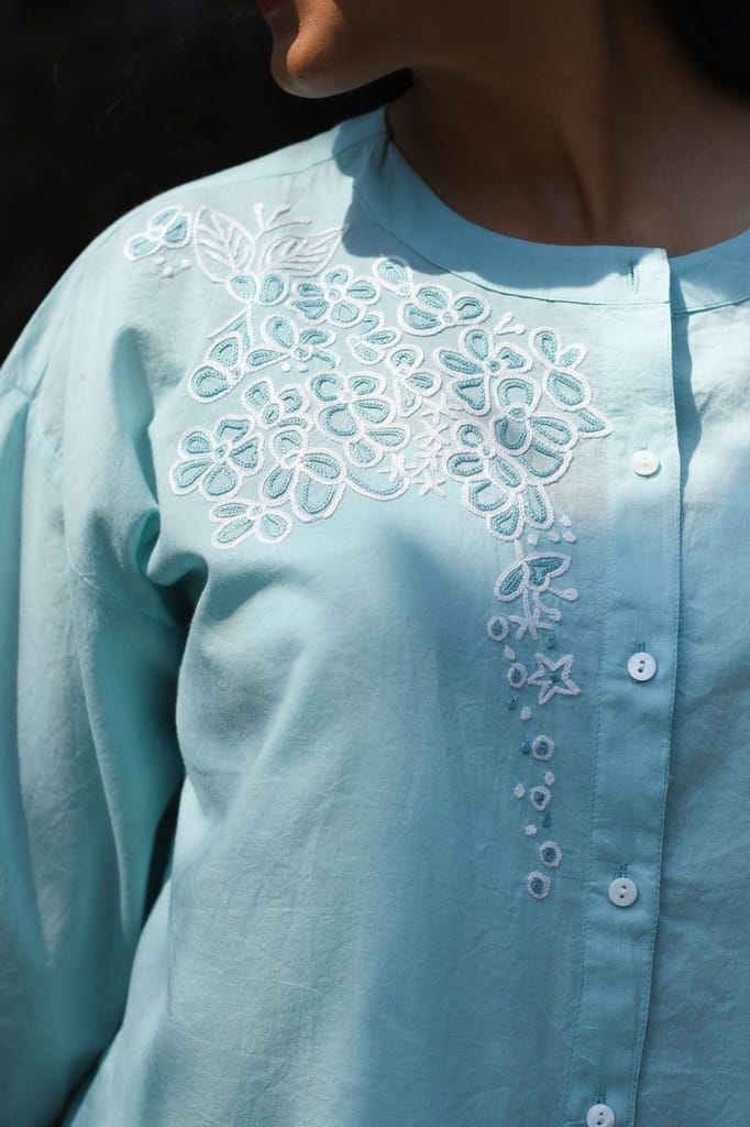 Nargis Blue Kashmiri Crewel Hand Embroidered Cotton Top. view 2