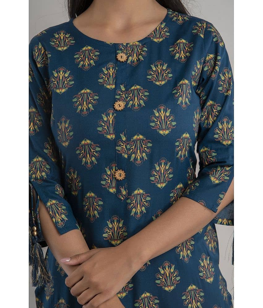 MAUKA - Blue Rayon Women's Straight Kurti ( Pack of 1 ) view 2