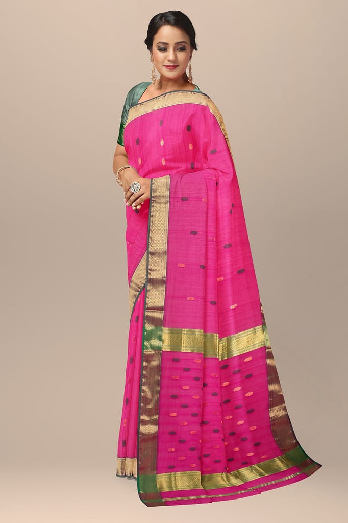 Rani Pink Rudraksh Buti Handwoven Sausar Silk Saree with Zari Border SKU-BS10060 view 2