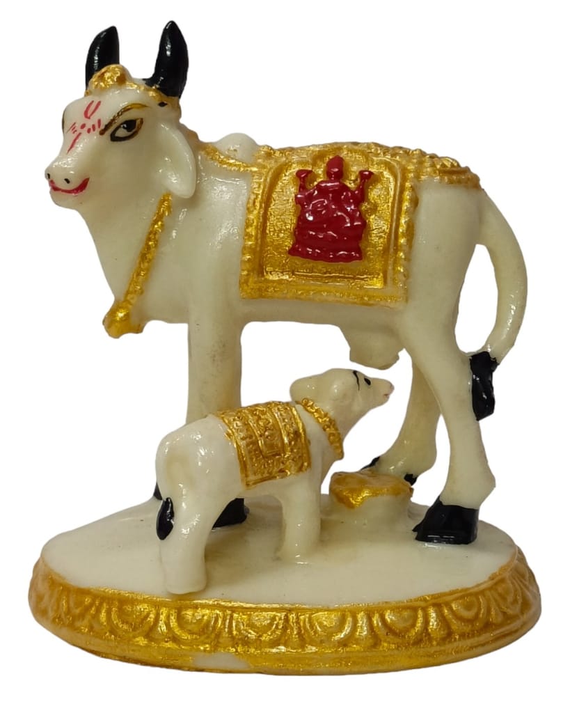 Dev Bhakti Cow and Calf Statue Kamdhenu Gau Mata, Animal Puja, Idol Gift Decorative Showpiece - 8 cm (Marble, Multicolor)