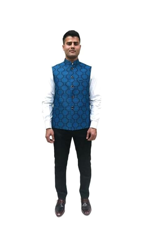Adam In Style - Luxe Jacquard Nehru Vest Coat/Polyester Fabric/Size L/Blue Color view 2